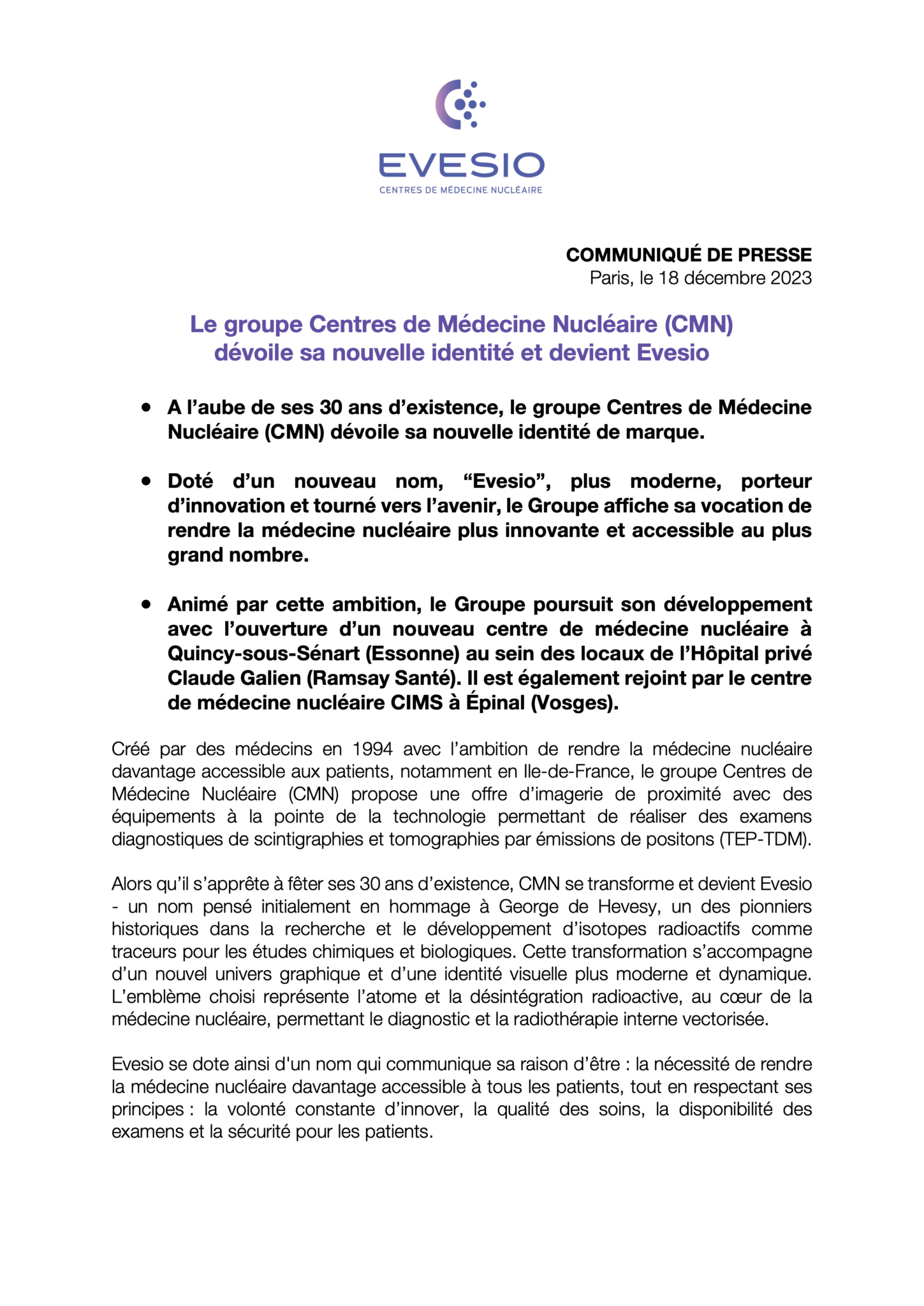 Evesio - Centres de médecine Nucléaire - Communiqué de presse nouvelle identité_1